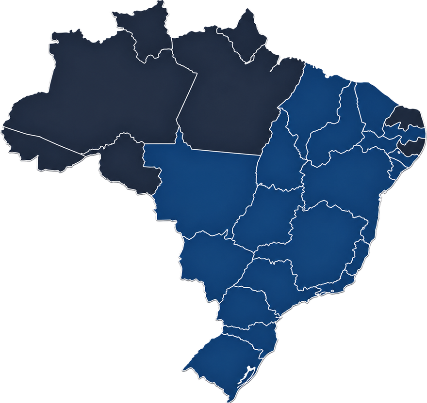 Mapa do Brasil com os estados atendidos pela Exata Contabilidade destacados em azul